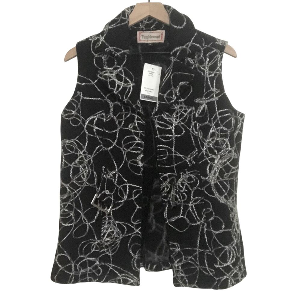 NWT Tumbleweed Western Wool Shaggy Soutache Textured Black White Vest Jacket